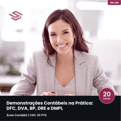 Banner do curso Demonstrações Contábeis Online com professora sorrindo