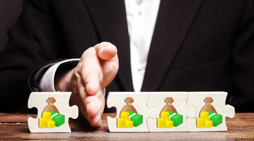 Contador separando blocos com dinheiro, simbolizando o split payment do IVA (IBS/CBS) e a divisão do valor no pagamento.