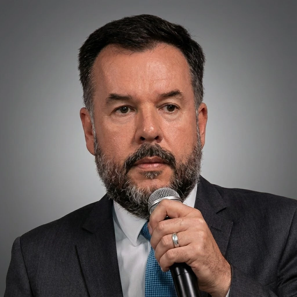 Rogério Andrade Henriques - Professor da Escola Superior, advogado especialista em Direito do Trabalho e Previdenciário, falando ao microfone em foto institucional