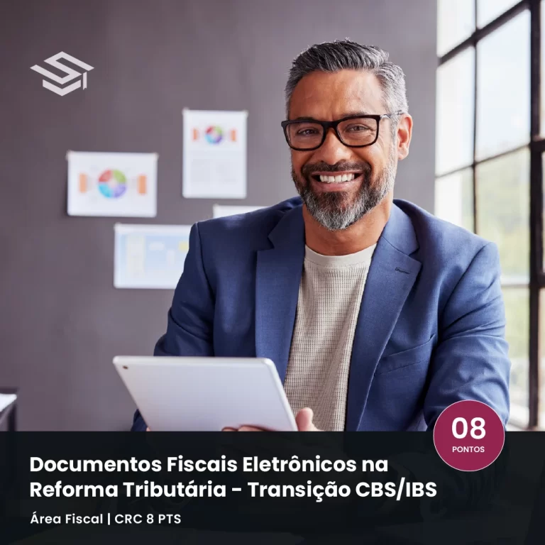 Profissional da área fiscal usando tablet em escritório, imagem de destaque do curso “Documentos Fiscais Eletrônicos na Reforma Tributária – Transição CBS/IBS