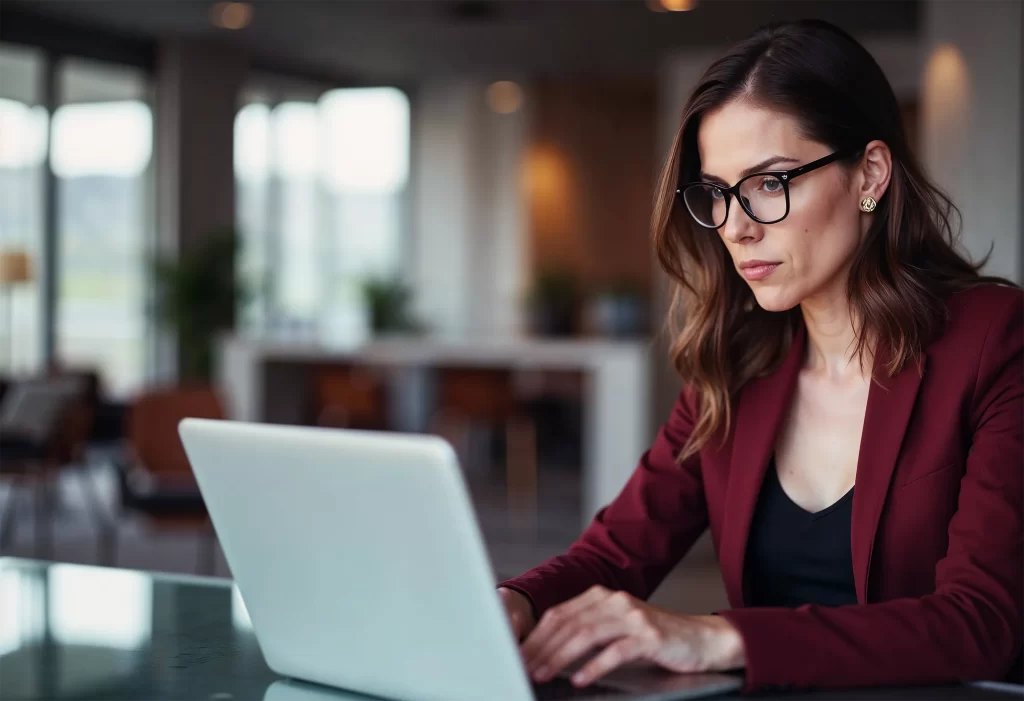 Profissional de contabilidade concentrada analisando comparativo entre Lucro Presumido e Lucro Real no computador