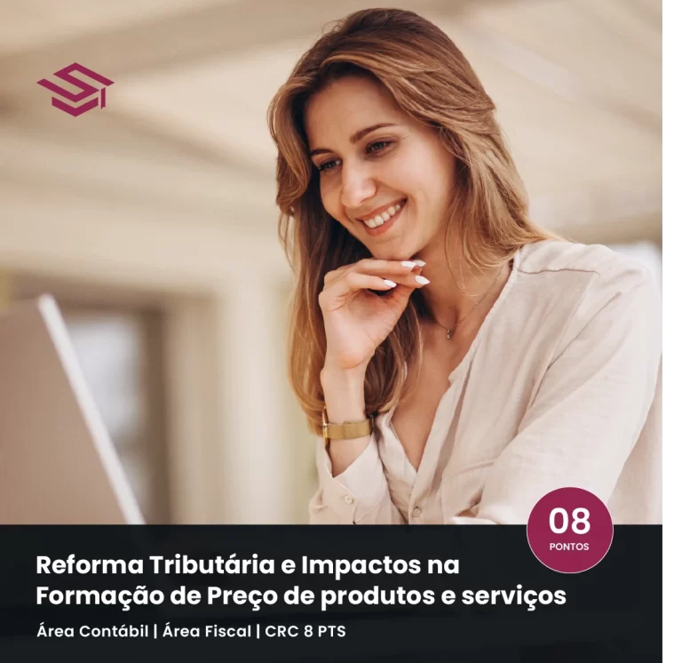 Contadora em ambiente de escritório estudando no computador – curso sobre impactos da Reforma Tributária na formação de preço de produtos e serviços