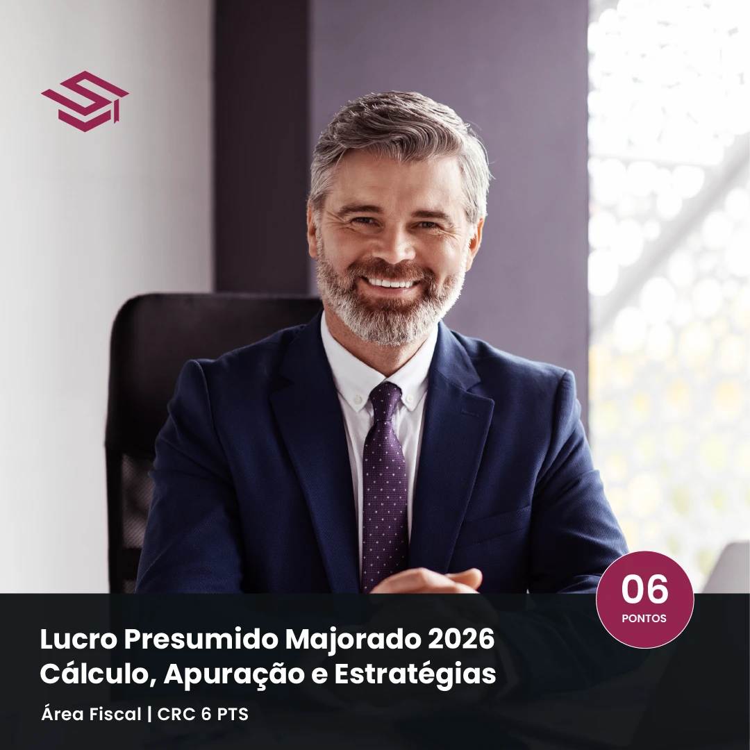 Profissional de contabilidade sorrindo em ambiente corporativo, representando o curso Lucro Presumido Majorado 2026 da ESN, com selo de 6 pontos CRC para educação continuada na área fiscal